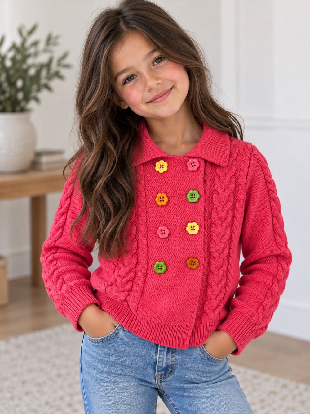 Gymboree Girls Pink Cable Knit Cardigan Flower Buttons – 7/8